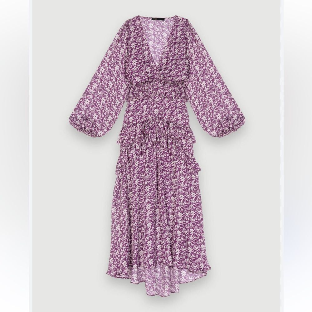 Maje Ronirique Floral-Print Ruffled Maxi Dress purple white peasant $525 42 XL